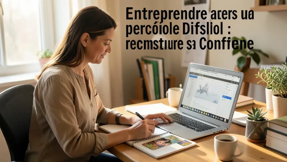 Entreprendre après une période difficile : reconstruire sa confiance — indépendante organisant un rythme de travail réaliste sur agenda et ordinateur, home office