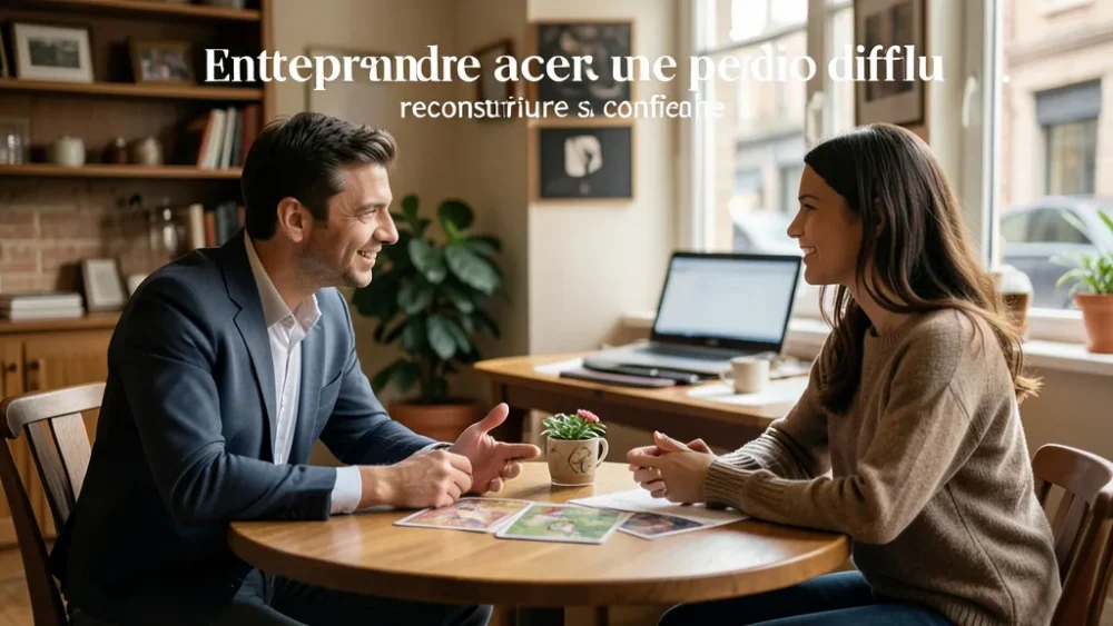 Entreprendre après une période difficile : reconstruire sa confiance — conversation de validation client entre entrepreneur et cliente dans un café calme, style magazine