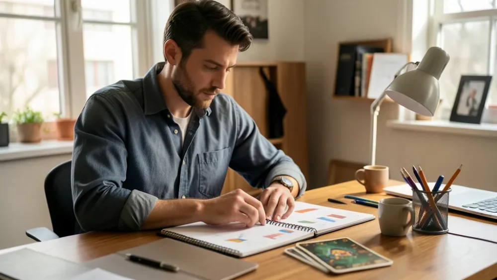 Intuition entrepreneuriale : comment l’utiliser sans perdre le concret — indépendant analysant données simples et agenda sur un bureau réaliste