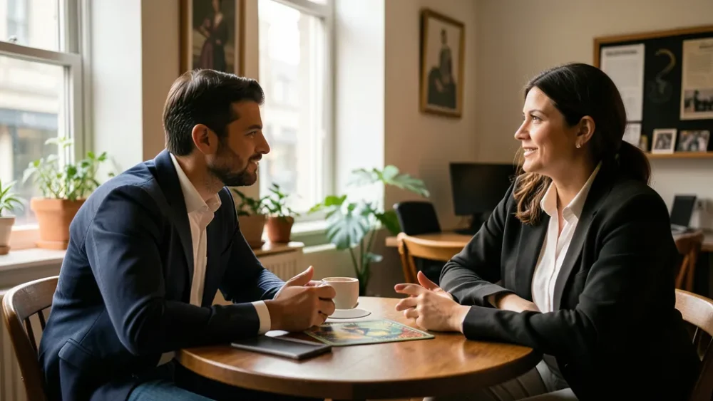 Intuition entrepreneuriale : comment l’utiliser sans perdre le concret — conversation de validation entre entrepreneur et client dans un café calme, photo éditoriale