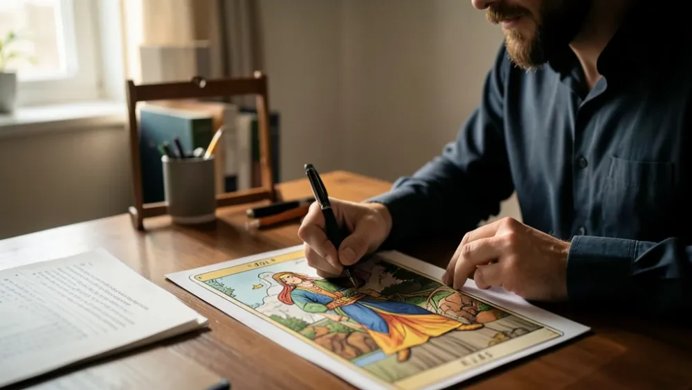 Question fermée ou question ouverte en tarot : que choisir ? — tirage tarot structuré sur un bureau avec notes de décision professionnelle