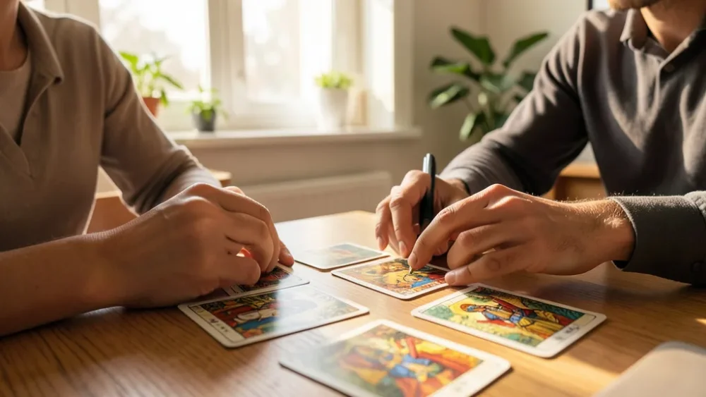 Question fermée ou question ouverte en tarot : que choisir ? — mains près de cartes de tarot discrètes et plan d action de carrière sur bureau