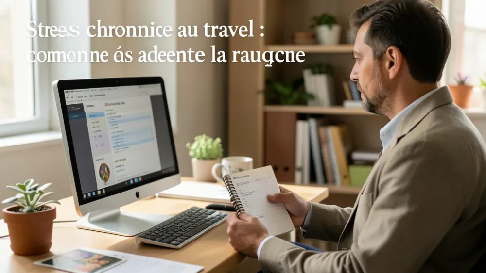 Stress chronique au travail : comment ne pas attendre la rupture — professionnel tenant un carnet de suivi de stress près d un ordinateur, bureau réaliste, ambiance sobre et rassurante