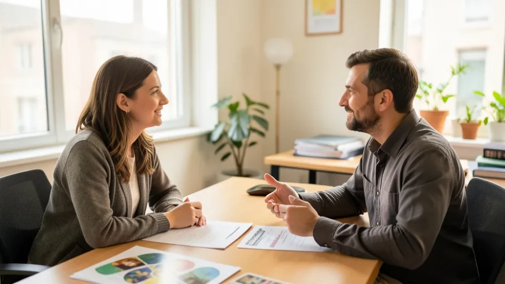 Stress chronique au travail : comment ne pas attendre la rupture — échange respectueux entre une salariée et son manager dans une salle de réunion lumineuse, discussion sur les priorités