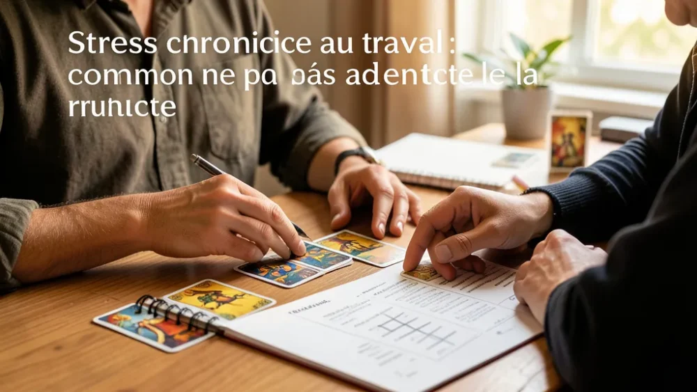 Stress chronique au travail : comment ne pas attendre la rupture — mains près de cartes de tarot discrètes, carnet et plan d action professionnel sur un bureau chaleureux