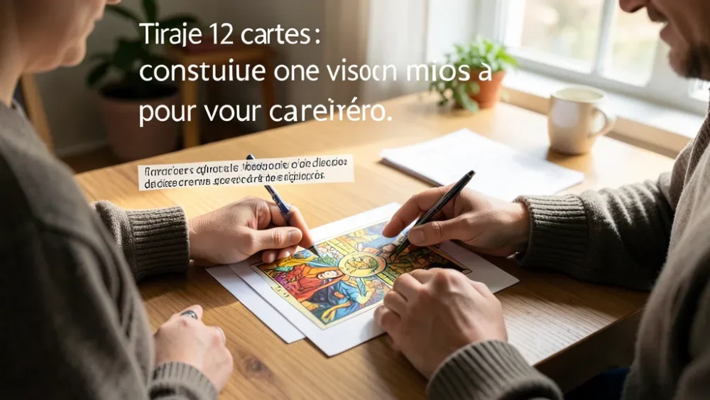 Tirage 12 cartes : construire une vision à 3 mois pour votre carrière — mains analysant un tirage tarot structuré avec notes de décision professionnelle