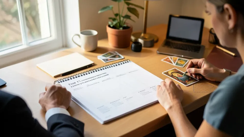 Tirage 12 cartes : construire une vision à 3 mois pour votre carrière — plan de trois mois sur agenda et bureau calme avec cartes de tarot discrètes