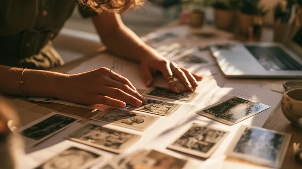 Travail et hypersensibilité : comment éviter l’épuisement — mains près de cartes de tarot discrètes et plan d’action sur bureau